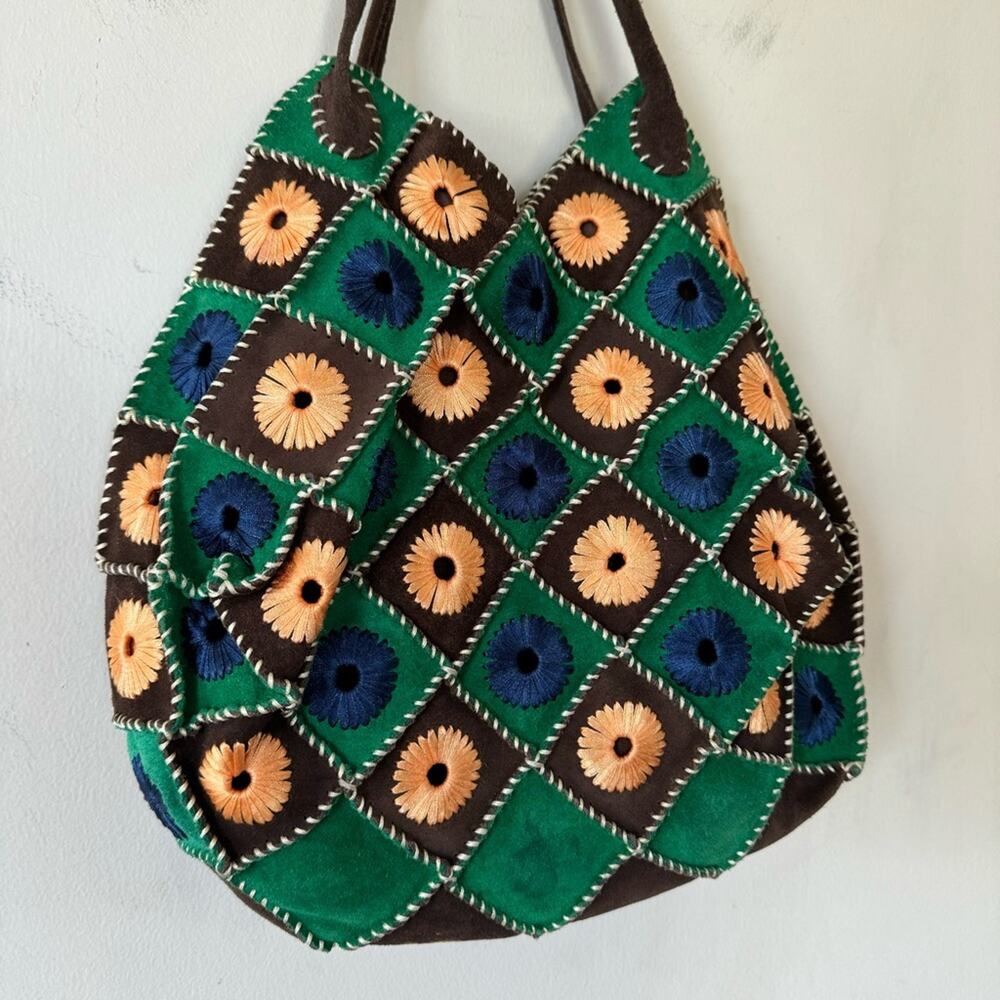 Vintage Boho Suede Crochet Granny Square Bag Blue Brown Green - Picture 6 of 9